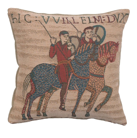 Bayeux Tapestry Cushion Cover: Woven Horse Riders Pillow, 14x14 inch