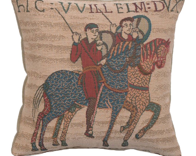 Bayeux Tapestry Cushion Cover: Woven Horse Riders Pillow Case, Medieval Battle Scene Throw, French Gobelin Jacquard 14x14
