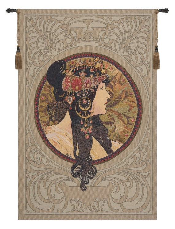Alphonse Mucha Tapestry: Byzantine Brunette Belgian Jacquard Wall Hanging