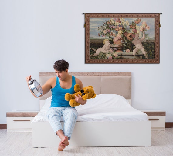 Angels and Flowers European Tapestry - Colorful Floral Bouquet Wall Art - Decorative Italian Woven Hanging