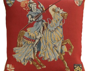 Blue Knight Belgian Tapestry Cushion Covers - 18x18 Red Background Sofa Pillow Covers - Woven Square Pillow Covers - Gobelin Cushion Covers