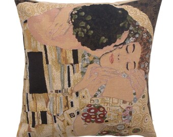 Klimt's Le Baiser Tapestry Cushion Covers - Woven Cushion Covers - 18x18 Decorative Pillow Covers - Gustav Klimt Art Sofa Pillow Covers