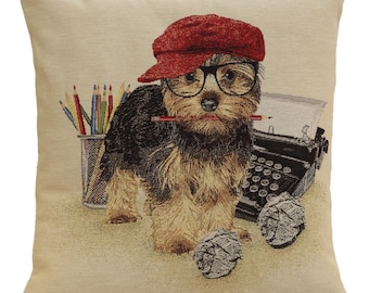 Writer Yorkie Tapestry Cushion Cover - Literary Dog Pillow Case for Book Lover Home Decor