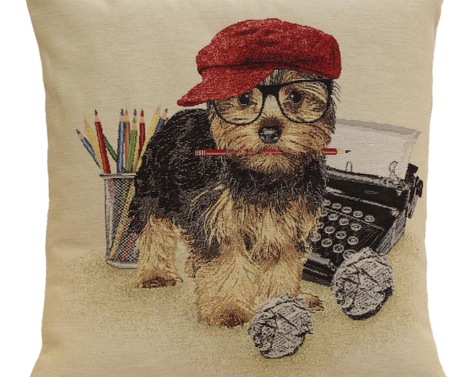 Writer Yorkie Tapestry Cushion Cover - Literary Dog Pillow Case for Book Lover Home Decor
