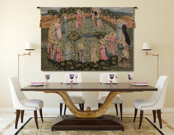 Italian Woven Angels Garden Tapestry: Religious Wall Art Hanging, Jacquard Fabric, 25x36 Inches