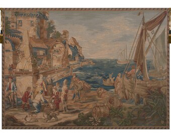 Return of Peche European Wall Tapestry - Coastal Dwelling Fisherman Wall Art - Woven French Wall Tapestry - Brussels Seascape Wall Hanging
