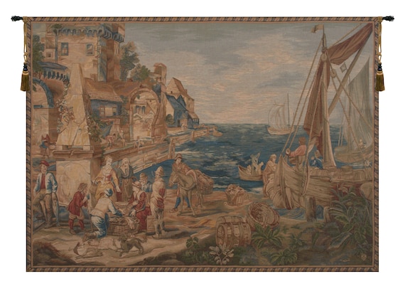 Brussels Seascape Tapestry: Woven French Coastal Wall Art (42x58 inch)