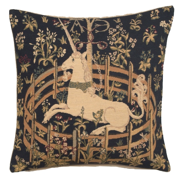 Medieval Unicorn Tapestry Pillow Cover - Belgian Woven Cushion Case for Home Decor 18x18 Inch