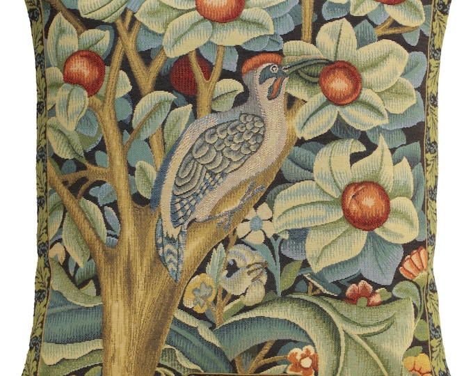 William Morris Woodpecker Throw Pillow Cover Floral Bird Woven Cushion Couch Decor 18x18