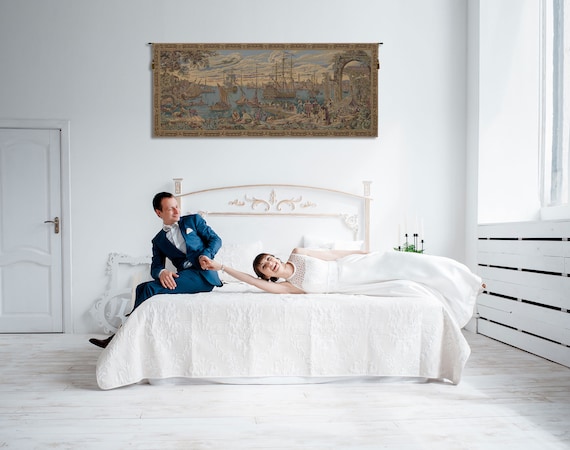 Venetian Harbor Jacquard Tapestry: Italian Woven Wall Art Landscape, Medieval Boat Scene (26x59 inch)