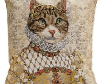 Belgian Woven Wall Tapestry Grey Cat Sisi 18x18 Inch Cushion Cover for Stylish Home Decor