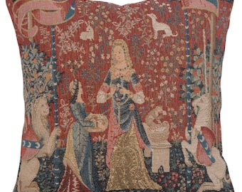 The Smell I Tapestry Cushion Cover - Medieval Decorative Pillow Cover - Woven Pillow Cover - 14x14 inch Lady and the Unicorn Cushion Cover