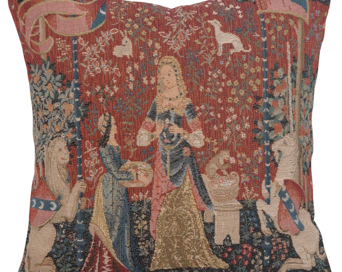 Lady and the Unicorn Medieval Tapestry Cushion Cover - 14x14 Inch Decorative Woven Pillow Case