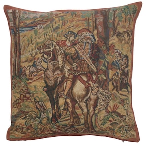 Belgian Tapestry Pillow Cover: Medieval Hunting Scene, 16x16 Inch
