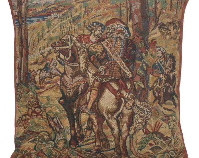 Belgian Tapestry Pillow Cover: Medieval Hunting Scene, 16x16 Inch