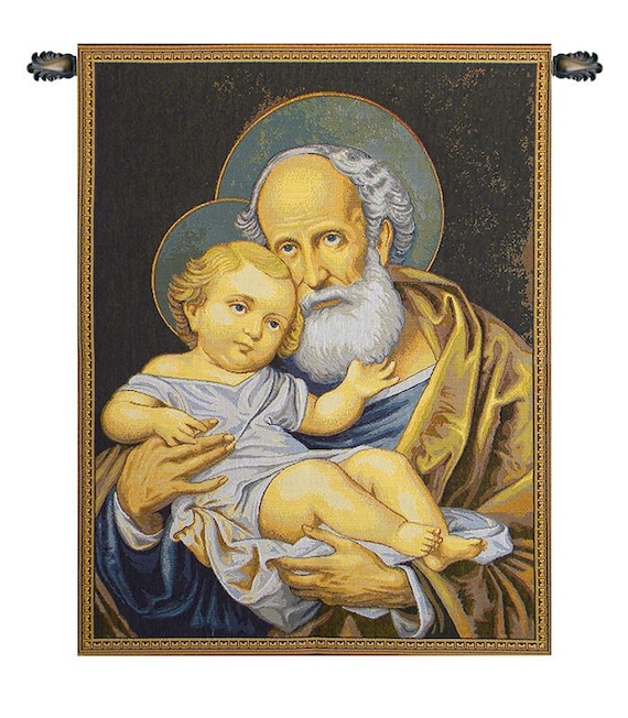 St. Joseph & Christ Child Tapestry: Woven Italian Religious Wall Art
