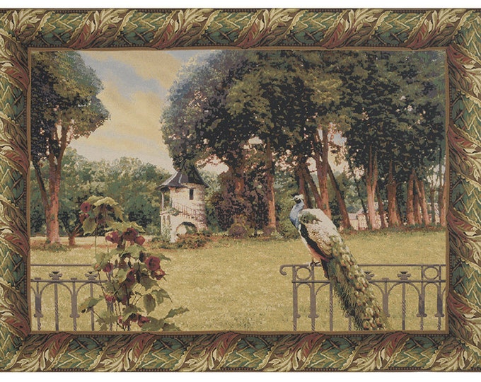 Peacock Manor Tapestry: Belgian Woven Wall Hanging with Acanthe Border