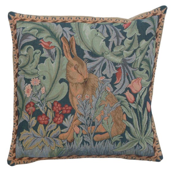 William Morris Rabbit Tapestry Pillow Cover: Jacquard Woven Cotton Cushion (19x19 inch)