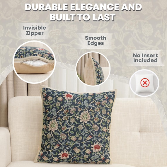 William Morris Blue Floral Tapestry Pillow Cover: Jacquard Woven Cushion