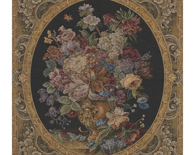 Floral Composition in Vase Dark Green European Wall Tapestry - Black Background Wall Decor Art - Flower Bouquet Decorative Wall Hanging