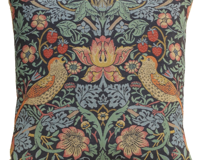 William Morris Strawberry Thief Pillow Cover: Belgian Tapestry Cushion 18x18 Inch Decorative Woven Case