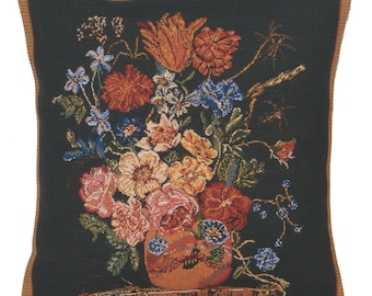 Terra Cotta Black Tapestry Cushion Cover 16x16 Inch – Woven Floral Sofa Cushion Cover – Gobelin Decorative Throw Pillow Covers