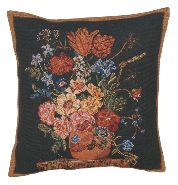 Woven Floral Tapestry Pillow Cover: Terra Cotta & Black, 16x16 Inch