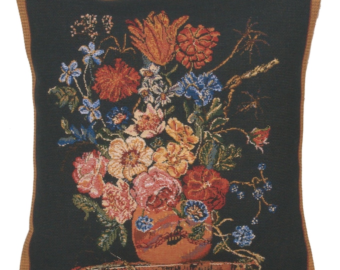 Woven Floral Tapestry Pillow Cover: Terra Cotta & Black, 16x16 Inch
