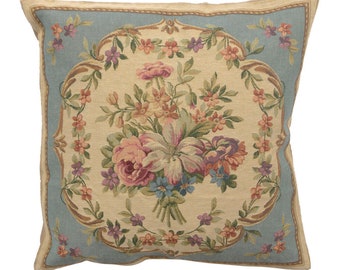 Floral Bouquet Pillow Cover - France Cushion Cover Gift - 18x18 inch  Belgian Tapestry Cushion Cover - Flower Bouquet Throw Pillow