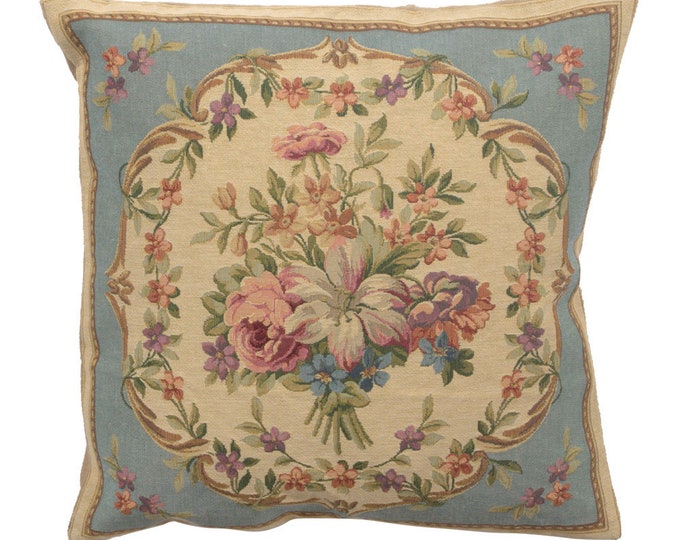 Floral Bouquet Tapestry Pillow Covers - Belgian Woven Cushion Covers 18x18 - Vintage French Decor Gift