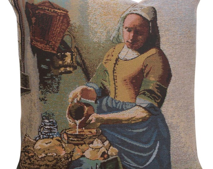 The Milkmaid Tapestry Cushion Cover: Belgian Woven Art Pillow (16x16 inch)