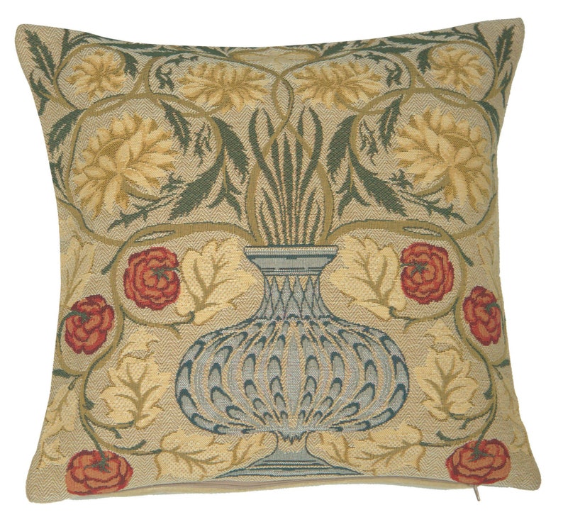 William Morris rose tapestry pillow cover with floral vase design vintage jacquard woven cushion for sofa home decor