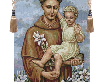 Saint Anthony European Wall Tapestry - Saint and Child Religious Wall Decor Art - Belgian Wall Tapestry - Christian Jacquard Wall Hanging