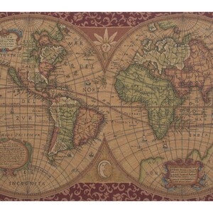 Oude wereldkaart rood Europees wandtapijt - middeleeuwse wereldmuurdecoratiekunst - geweven Italiaans wandtapijt - decoratieve wanddecoratie