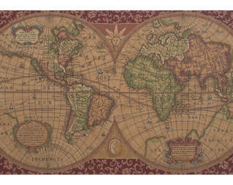 Old Map of the World Red European Wall Tapestry - World Medieval Wall Decor Art - Woven Italian Wall Tapestry - Decorative Wall Hanging