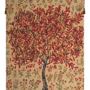 Floral Tree Wall Tapestry: Woven Jacquard Art, Cream & Red (42x34 inch)