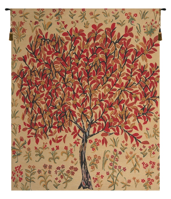 Floral Tree Wall Tapestry: Woven Jacquard Art, Cream & Red (42x34 inch)