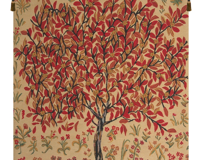 Floral Tree Wall Tapestry: Woven Jacquard Art, Cream & Red (42x34 inch)