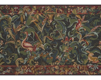 Tapisserie murale européenne Aristoloches animaux vert - Gobelin tissé jacquard, oeuvre d'art suspendue - oeuvre d'art murale décorative italienne - Tenture murale vintage