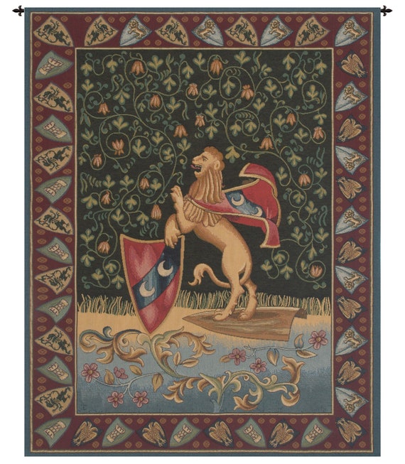 Lion Medieval Tapestry: Italian Woven Millefleurs Wall Decor (33x26 inch)