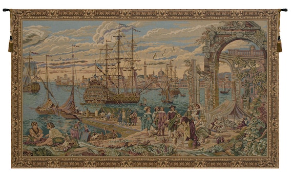 European Harbour Tapestry - Coastal Seascape Wall Hanging - Woven Italian Landscape Decor Art