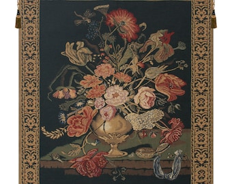 Mignon Bouquet Black European Wall Tapestry Hangings - Flower Bouquet Wall Hanging Art - Black Background Woven Wall Decor