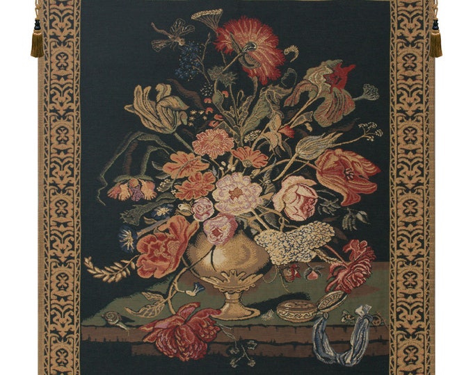 Floral Tapestry Wall Hanging: Mignon Bouquet, Black European Decor