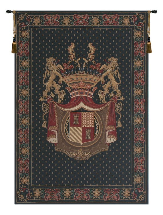 Medieval Heraldic Crest Tapestry: Belgian Woven Black Wall Art