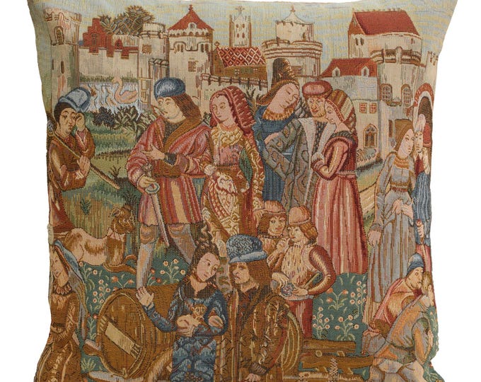 Medieval European Wine Market Tapestry Cushion Cover - Jacquard Woven Decorative Pillow 19x19