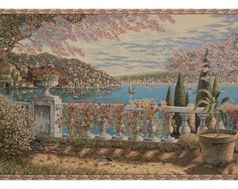 Giardino Sul Lago European Wall Tapestry - Lake Como Wall Decor Art - Woven Italian Wall Tapestry - Floral Blossom Decorative Wall Hanging