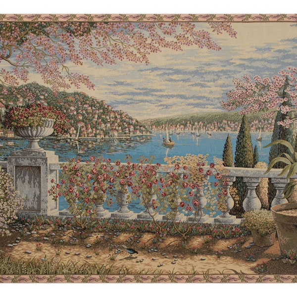 Giardino Sul Lago European Wall Tapestry - Lake Como Wall Decor Art - Woven Italian Wall Tapestry - Floral Blossom Decorative Wall Hanging