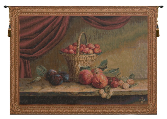 Strawberry Basket Tapestry: French Medieval Woven Wall Art (29x38 inch)