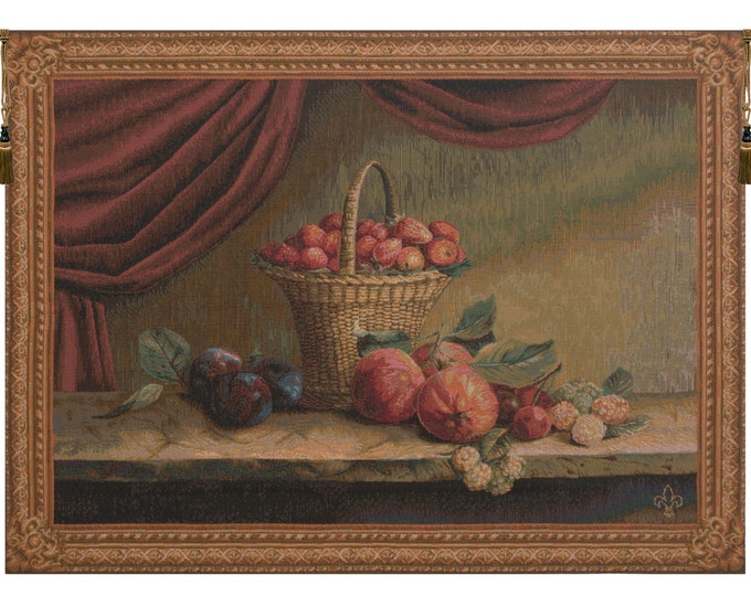 Strawberry Basket Tapestry: French Medieval Woven Wall Art (29x38 inch)