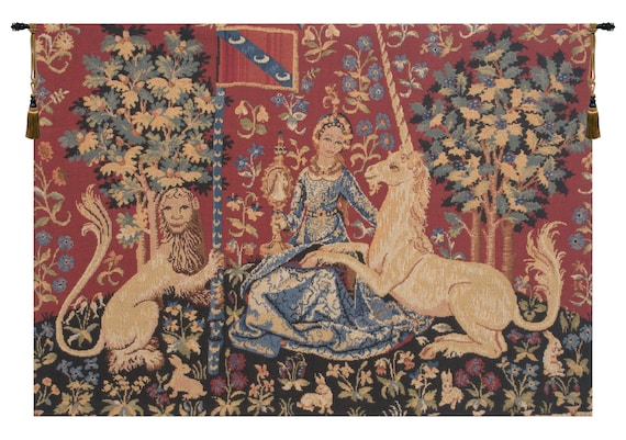 Lady and Unicorn Tapestry: Medieval Millefleurs Art, Woven in Belgium (18x26 inch)